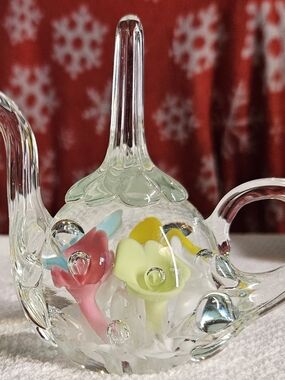 Joe St. Clair Handblown Clear Glass Teapot With Flower Accents